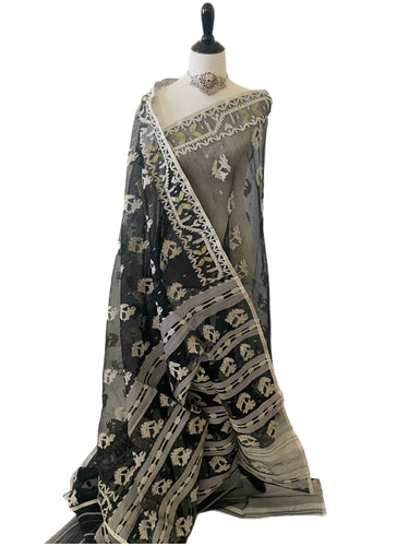Authentic Dhakai Jamdani Muslin Saree from Bangladesh | Handwoven | Black | White and Gold Threads | Ships from California